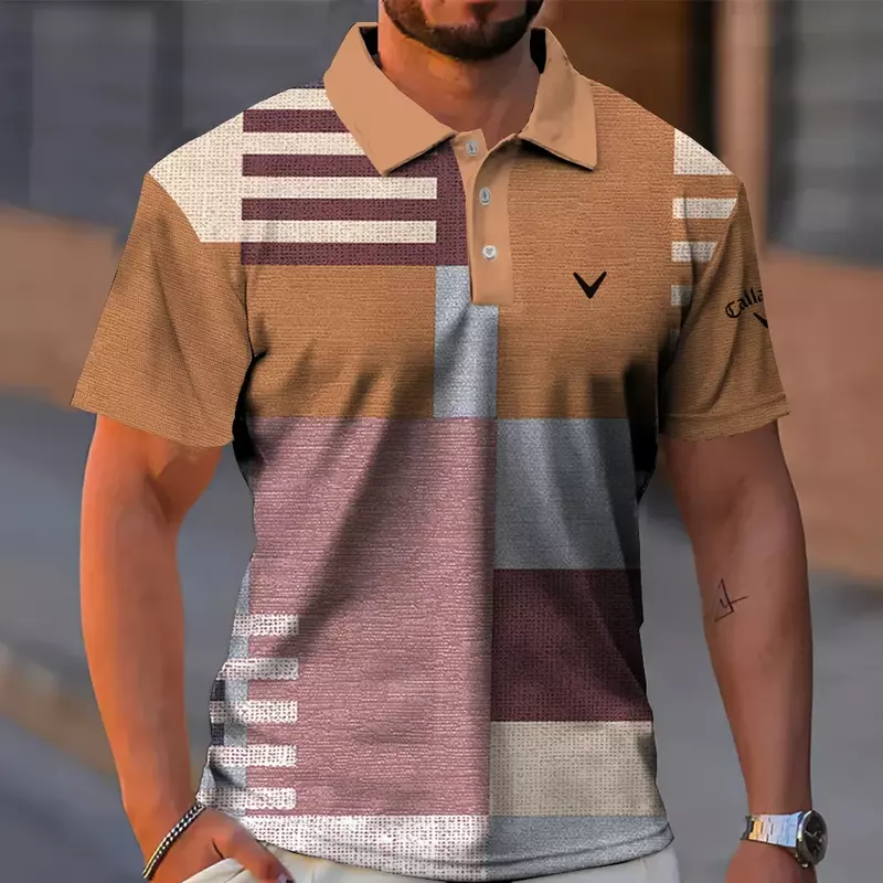 Camisa polo masculina de manga curta listra azul e branca, botões de golfe, top elegante, secagem rápida, verão, 2024