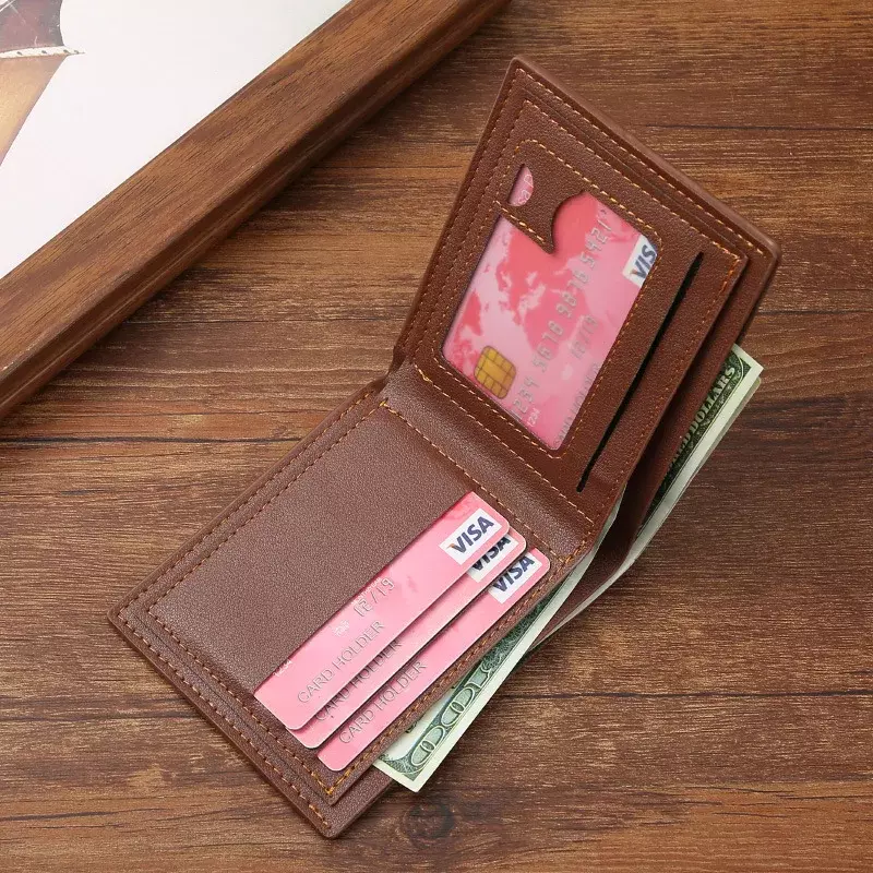 2024 New Business Men's Short Wallet Fashion Solid Color Open Multi-Card Slot Wallet Genuine Leather Wallet Card Holder