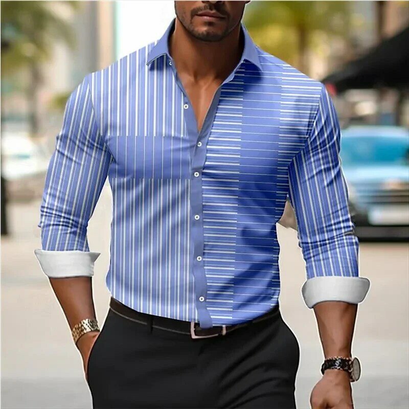 Camisa de manga comprida com padrão listrado masculina, botão lapela, top respirável, tecido macio confortável, moda casual, solta