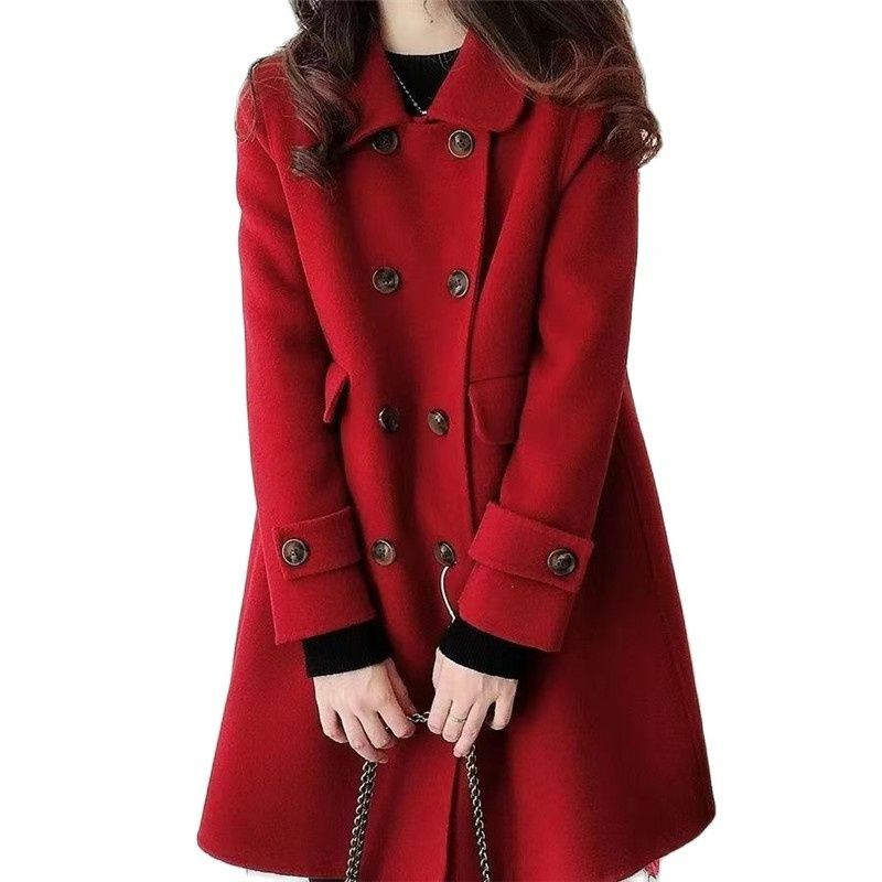 Chic Double-Breasted Woolen Jacket Female Korean Casual Women's Autumn Winter Coat Elegant Red Woolen Windbreaker Outerwear NEW