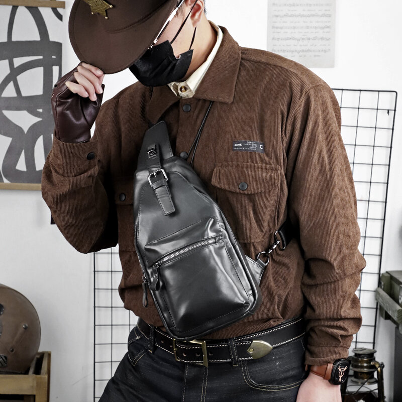 Tas dada pria, gaya baru kulit asli tas selempang untuk pria sederhana luar ruangan olahraga tas selempang penyimpanan