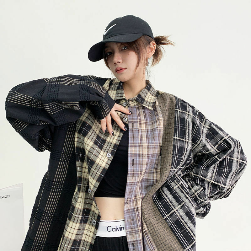QWEEK-Camisa xadrez vintage feminina, estilo japonês, blusa extragrande, streetwear coreano, tops de manga longa, moda Harajuku
