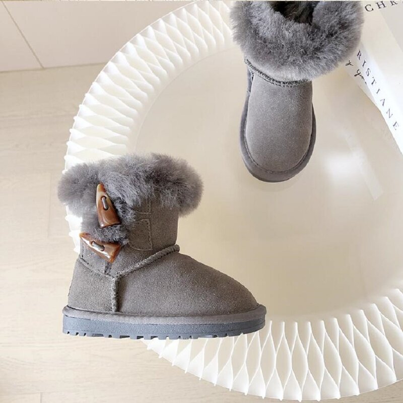 Botas de neve de couro genuíno infantil, abertura de camurça de manga média, fivela de chifre de vaca, botas de algodão quente