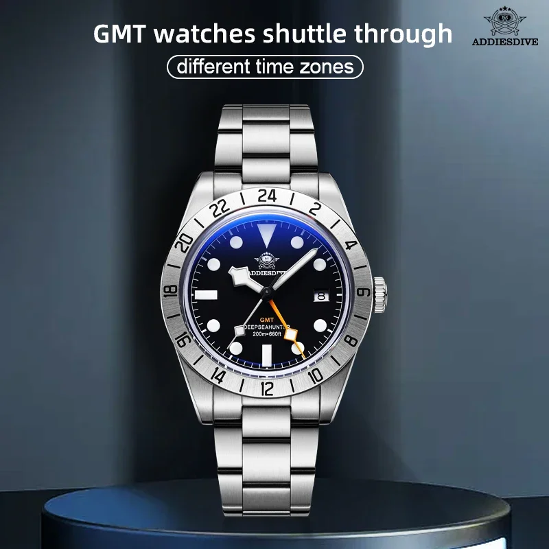 Addiesdive Top Marke 39mm Quarz GMT Uhren 200m Tauch leuchtende Blase Spiegel Sport Glas Uhr für Männer ad2035 Relogio Masculino