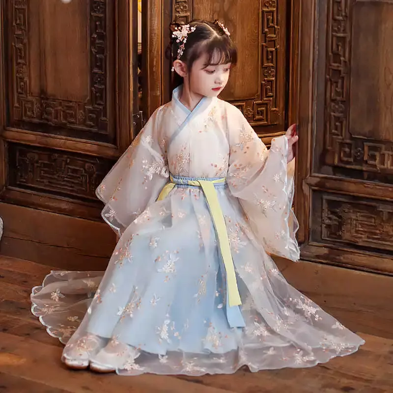 Kostum jubah sutra Cina Kimono anak-anak perempuan Gaun antik etnik tradisional Tiongkok set cosplay Hanfu kostum dansa