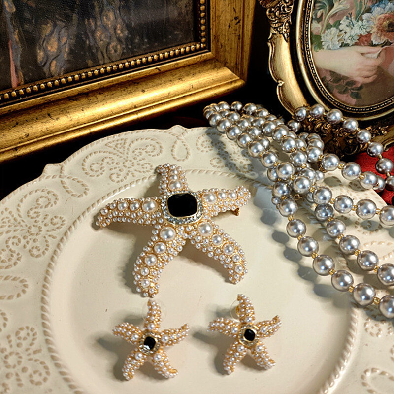 Vintage Pearl starfish spilla corpetto 925 orecchini a clip in argento per set di gioielli da ragazza da donna set da donna