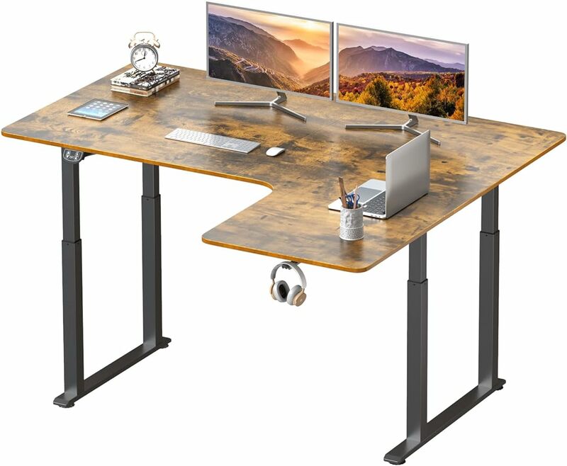 63 x 43 Inch Standing L-Shaped Desk, Power Height Adjustable Dual Motor Sit-Stand Desk, Corner Station with 4 Stabilizing Legs