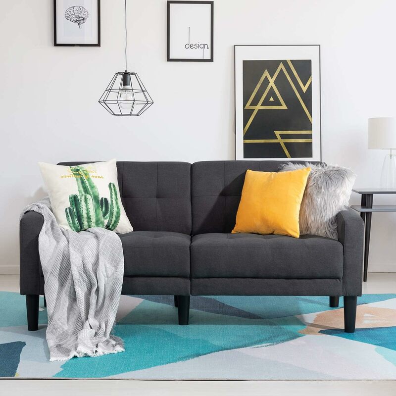 Meados do século sofás modernos para espaço pequeno, estofados de 2 assentos sala de estar e quarto sotaque sofá, cinza escuro