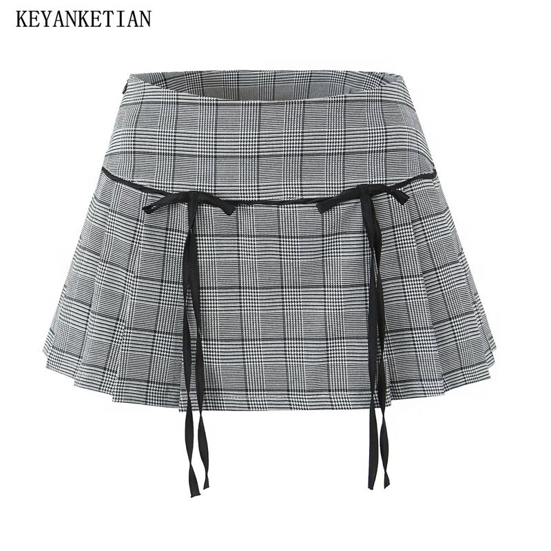 Mini-saia xadrez Keyanketian feminina, com zíper lateral, cintura baixa, saia-calça doce fina, decoração de arco, novo lançamento, Y2K, 2022