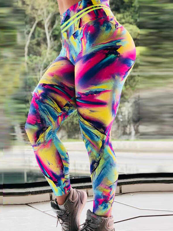 Legginsy Fitness z wysokim stanem legginsy do biegania legginsy sportowe kobiet Push Up kolorowy nadruk elastyczny getry do treningu jogi nowy
