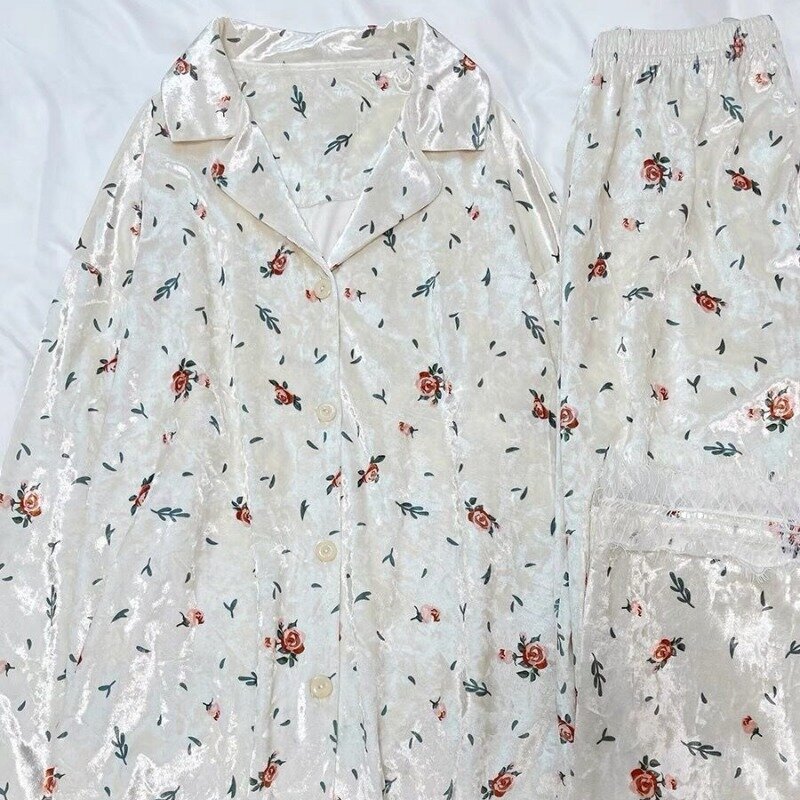 Vrouwen Canary Pyjama 2024 Nieuwe Lente Herfst Pyjama Koreaanse Bloemen Nachtkleding Revers Print Home Wear Set Casual Losse Nachthemd