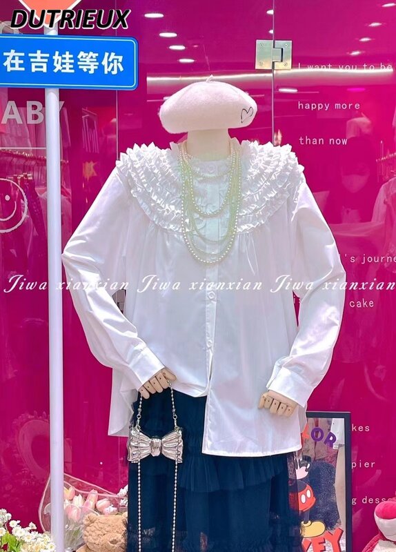 Blusa elegante de encaje plisado para mujer, camisa con cuello de muñeca, Top informal de talla grande, primavera y verano, novedad de 2024