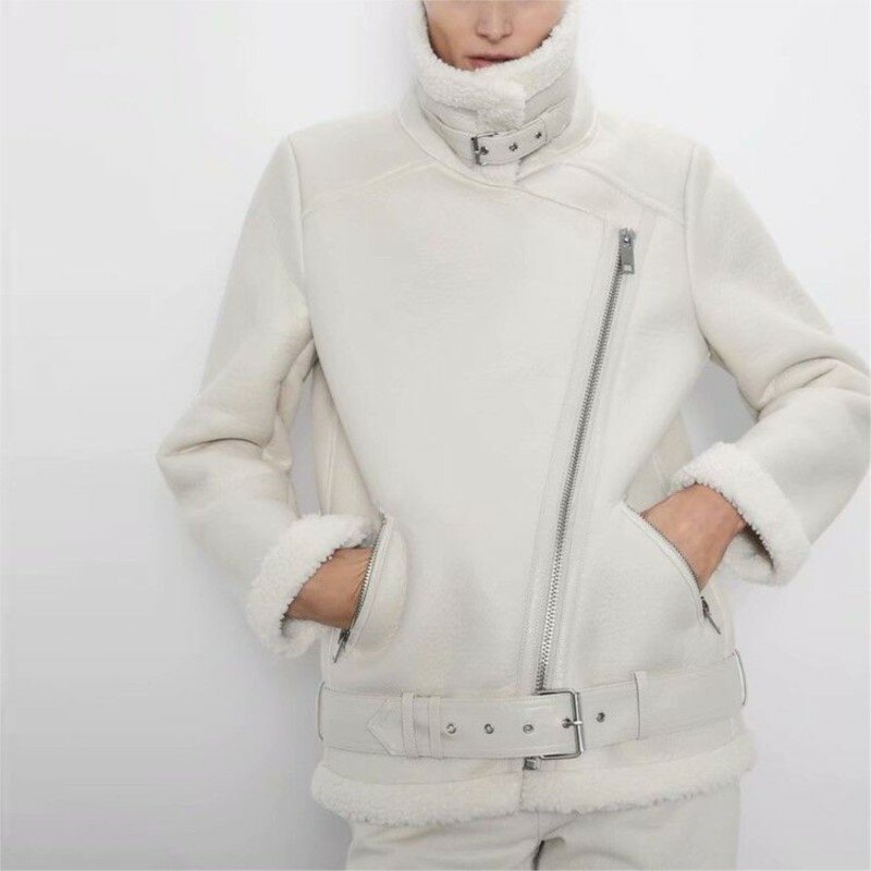 Veste de moto zippée en fausse fourrure d'agneau pour femme, veste en cuir optique, streetwear noir chaud avec ceinture, 2023