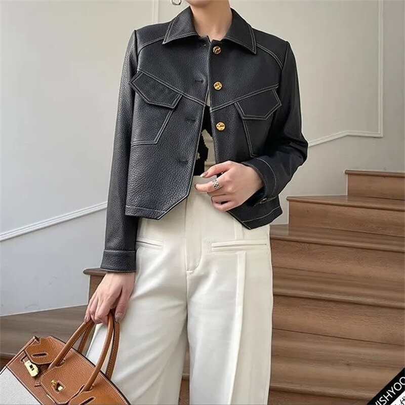 Cappotto da bici da donna marrone di fascia alta in pelle PU Outwear Button Outfit primavera autunno moda donna giacca corta sottile femminile nera 2023
