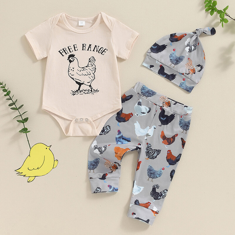 2024-04-19 Lioraitiin летняя одежда для маленьких мальчиков 0-12 месяцев комбинезон с короткими рукавами и принтом курицы с брюками и шапочкой Одежда для младенцев