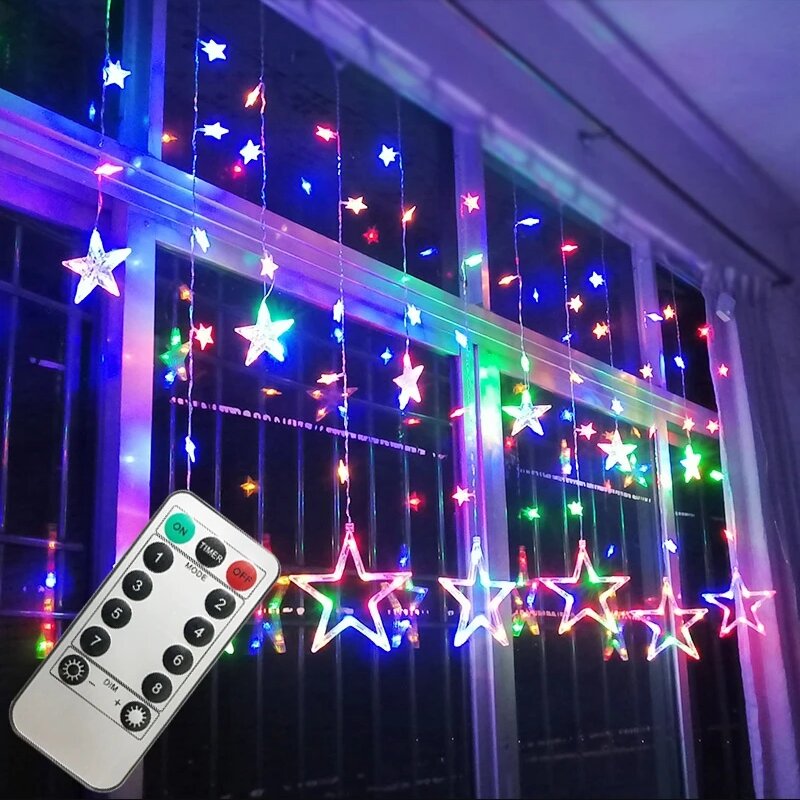 Pentagram Curtain Light Indoor Room Decorative Light Wedding Birthday Remote Control Curtain Lamp String with Tail EU/US Plug