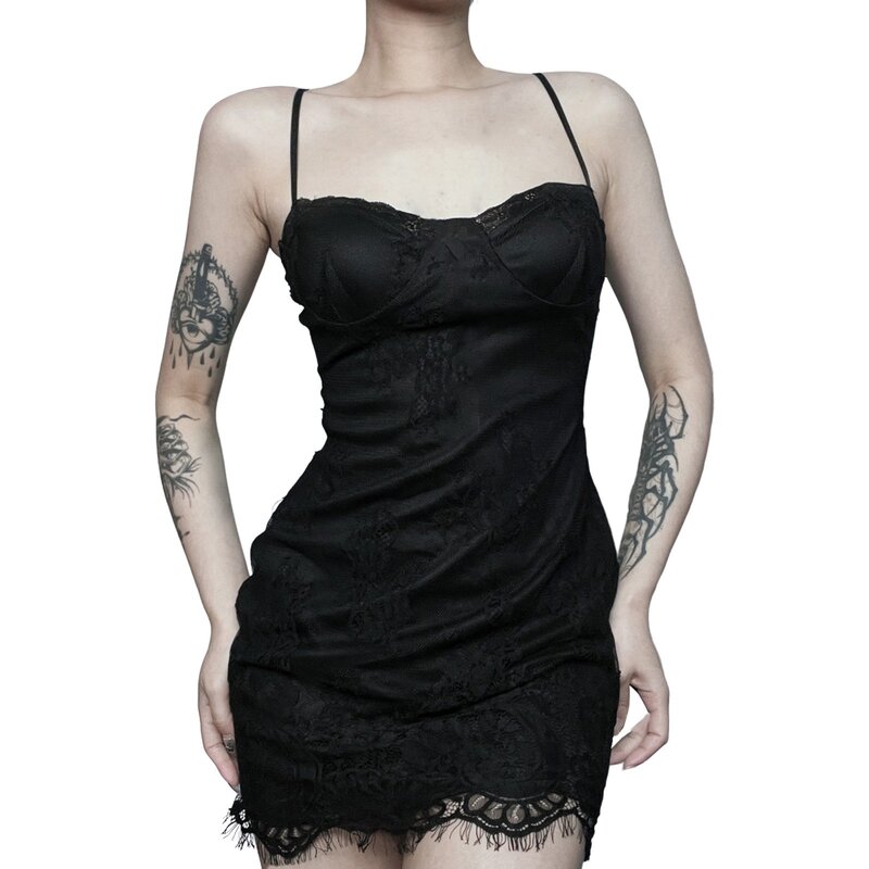 Vestido Lolita gótico de doble capa con tirantes de encaje negro clásico para mujer, vestido de cuerpo de manga larga, vestido Floral de verano