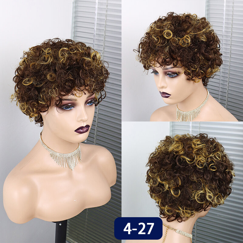 Pixie Cut Wig rambut manusia Wig rambut manusia keriting pendek untuk wanita hitam Wig rambut manusia murah mesin penuh Wig rambut keriting tanpa lem