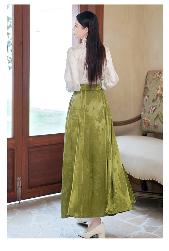 Falda de rayón Jacquard para mujer, media falda verde de cintura alta, estilo chino, Retro, Primavera, S-XXL, 2024