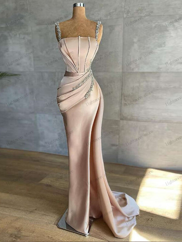 Charming Evening Dresses Vintage Prom Dress Satin Ball Gowns Beading Appliques Sleeveless Square Collar Pretty Vestidos De Gala
