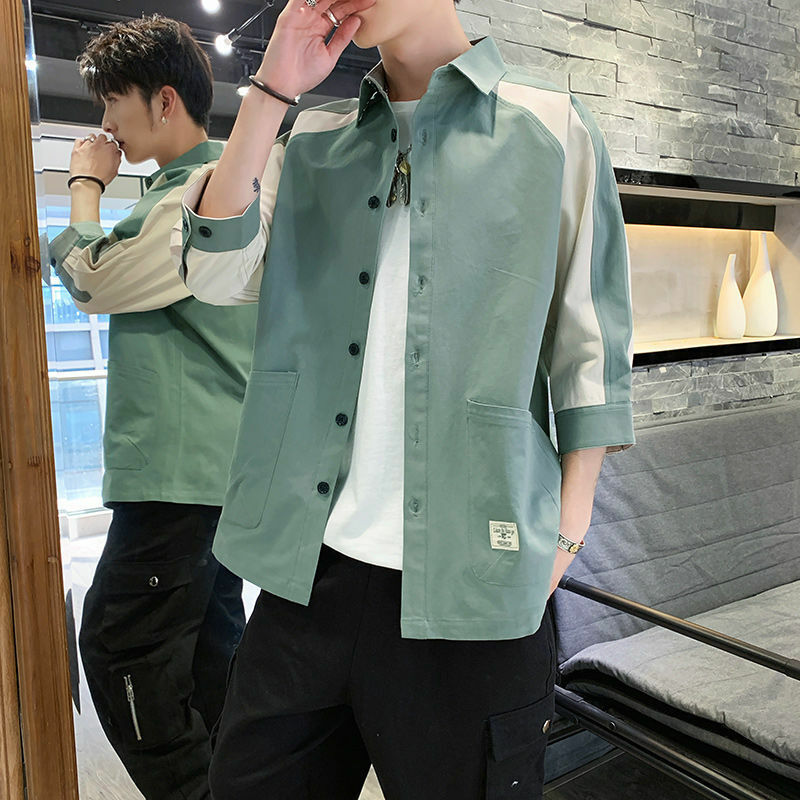 Elegant Fashion Harajuku Slim Fit Male Clothes Loose Casual Sport All Match Outerwear Square Neck Three-quarter Sleeve Blusa