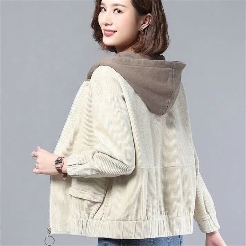 Tambahkan Mantel Korduroi Empuk Beludru Mode Ibu Versi Korea Kardigan Bertudung Longgar Jaket Serbaguna Wanita Jaket Musim Gugur Musim Dingin