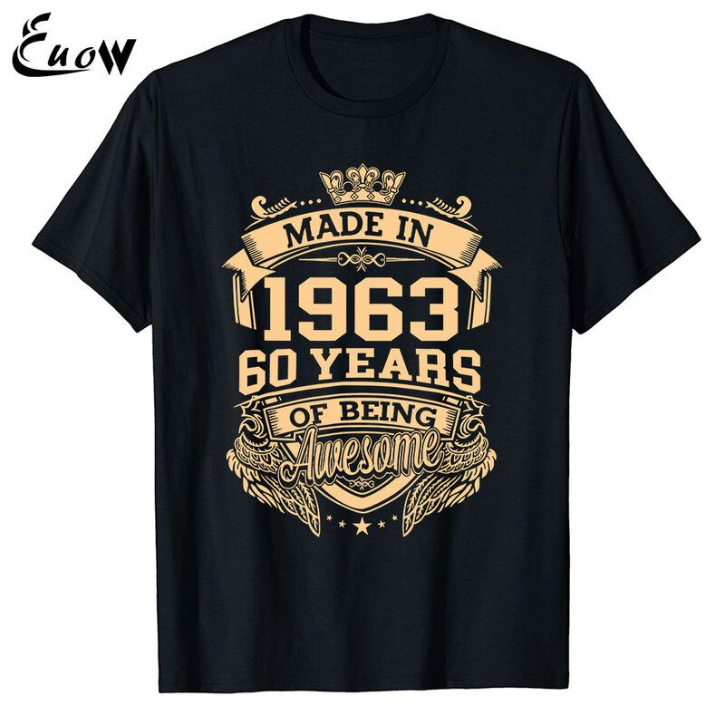 Euow Unisex 100% Katoen Made In 1963 60 Jaar Van Awesome 60th Verjaardag Vintage Mannen Kleding T-shirt Casual Luxe tee Tops