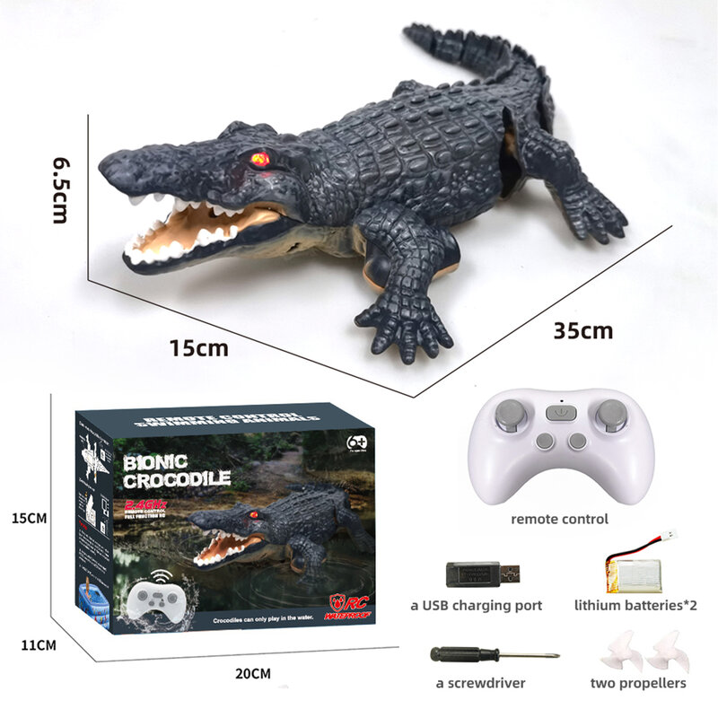 RC crocodilo controle remoto brinquedo, jacaré brinquedo, alta simulação, barco RC, USB recarregável, 2.4G