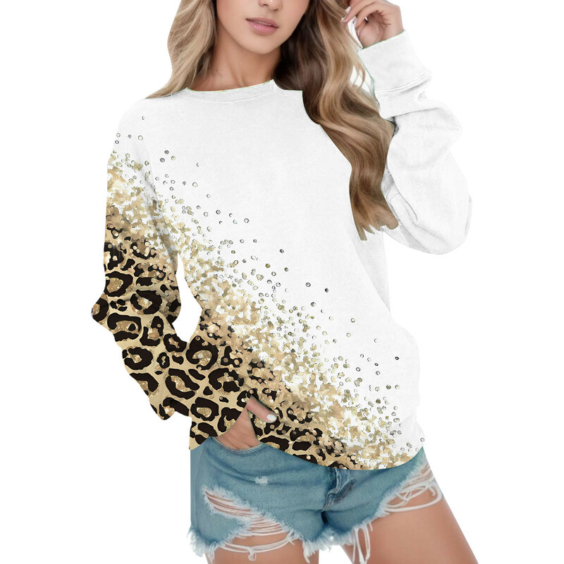 Women Casual Leopard Print Sweatshirt Crew Neck Long Sleeve Top Pullover Loose Trendy Clothes Autumn Winter 2023 Tops Hoodies