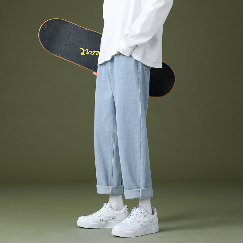 Джинсы мужские прямые эластичные, на шнуровке, однотонные, с эффектом потертости, повседневные брюки свободного покроя с высокой талией, весна-лето 2024