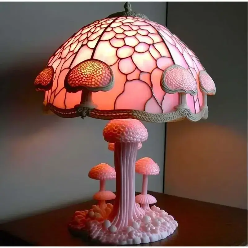 Lampu meja kaca berwarna jamur, lampu meja dekorasi dalam ruangan samping tempat tidur, lampu malam warna-warni kreatif antik Eropa