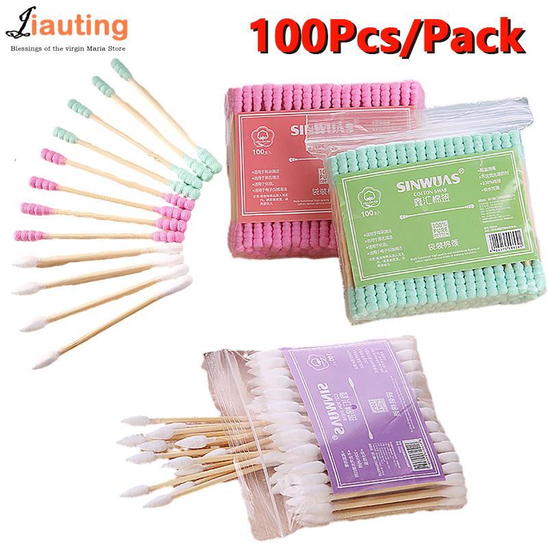 100Pcs/Pack Disposable Double Head Cotton Swab Wood Sticks Female Makeup Remover Buds Tip For Medical Nose Ears Cleaning Tool