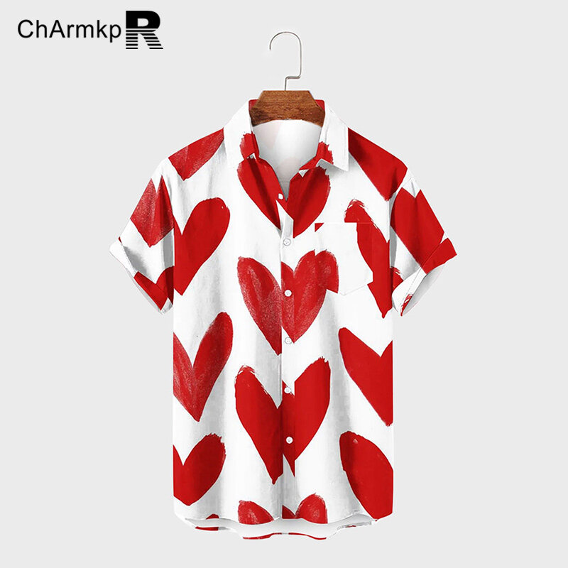 ChArmkpR 남성용 반팔 셔츠, 패션 상의, 하트 프린트 라펠 셔츠, 스트리트웨어, 남성 S-2XL, 2024 여름 의류
