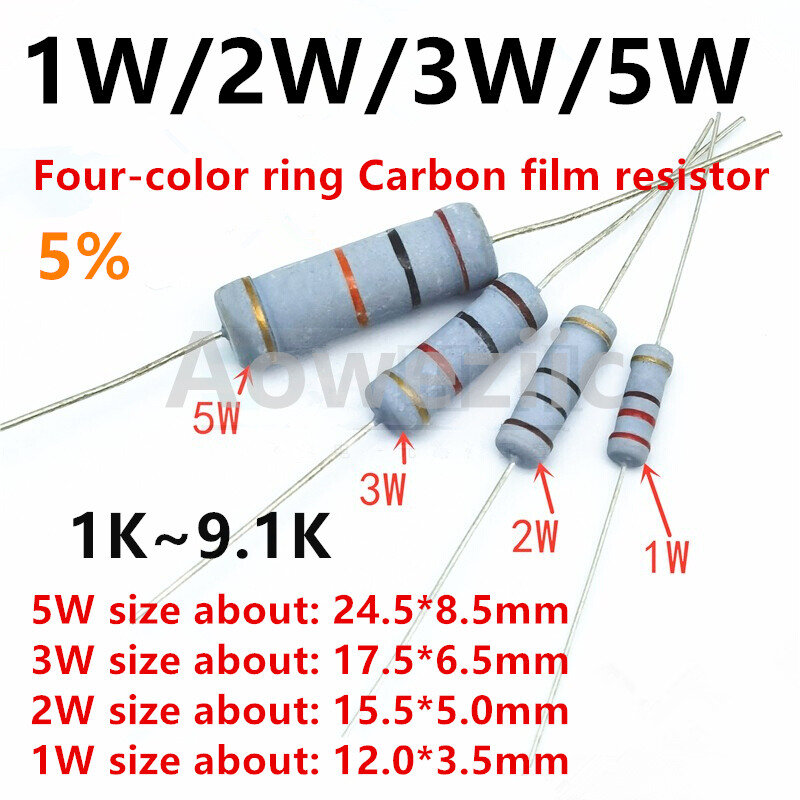 200 resistores do filme do carbono dos pces 3w 5% (1k-9.1k) anel de Energia Resistor 2KJ 1K 1.2K 1.5K 1.8K 2.2K 2.4K 2.7K 3K 3.3K 3.6K 3.9K 4.3K Ohm