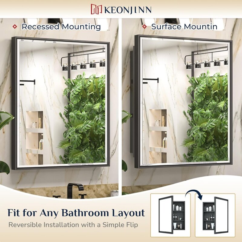 خزانات أدوية من Keonjinn للحمام ، مجوفة أو سطحية ، شطبة بإطار من سبائك الألومنيوم ، مثبتة على الحائط ، سوداء ، 20 بوصة × 26 بوصة