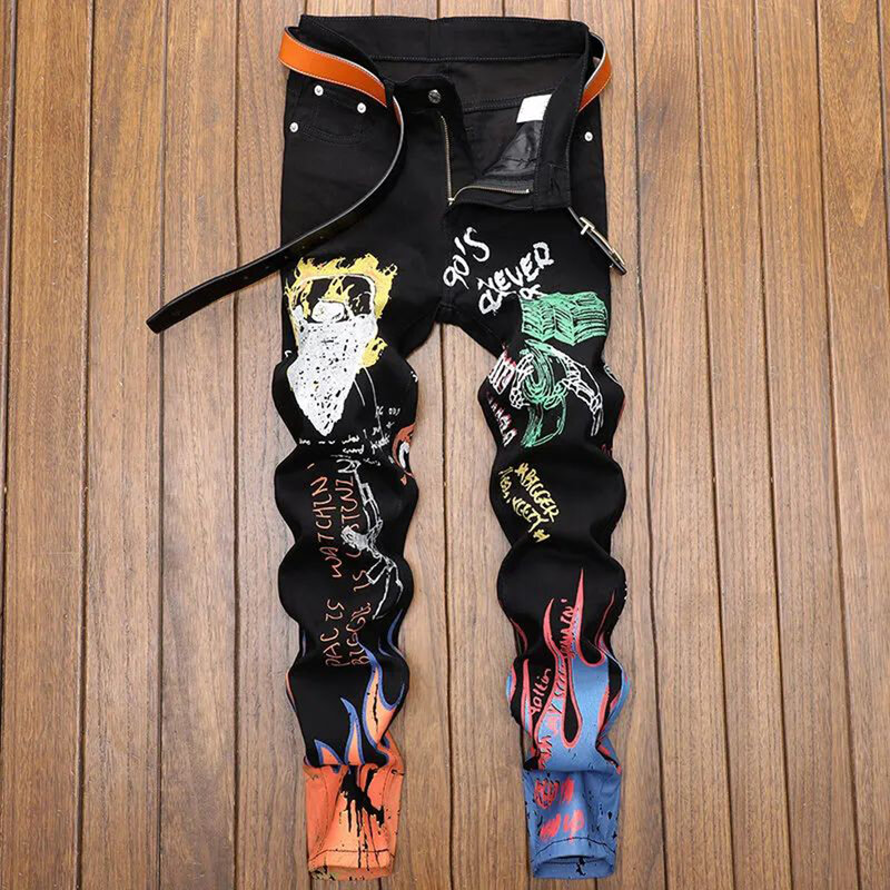 Men Jeans Fashion Letter Flame Printed Slim Fit Straight Painted Stretch Pants High Street Graffiti Letter Motorcycle