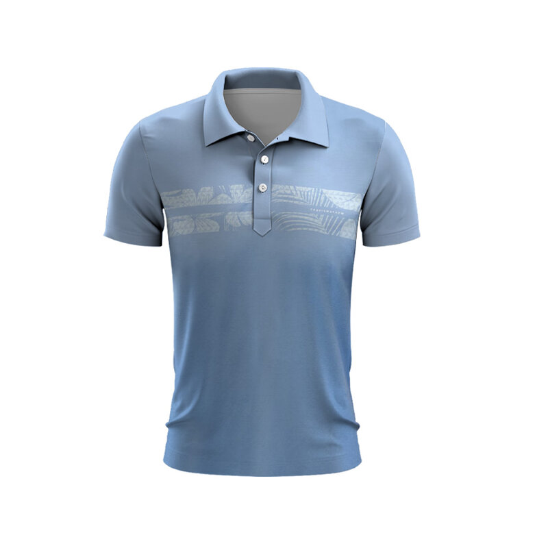 Sky Blue kaus Polo Golf pria, atasan berkancing garis-garis cepat kering musim panas untuk lelaki