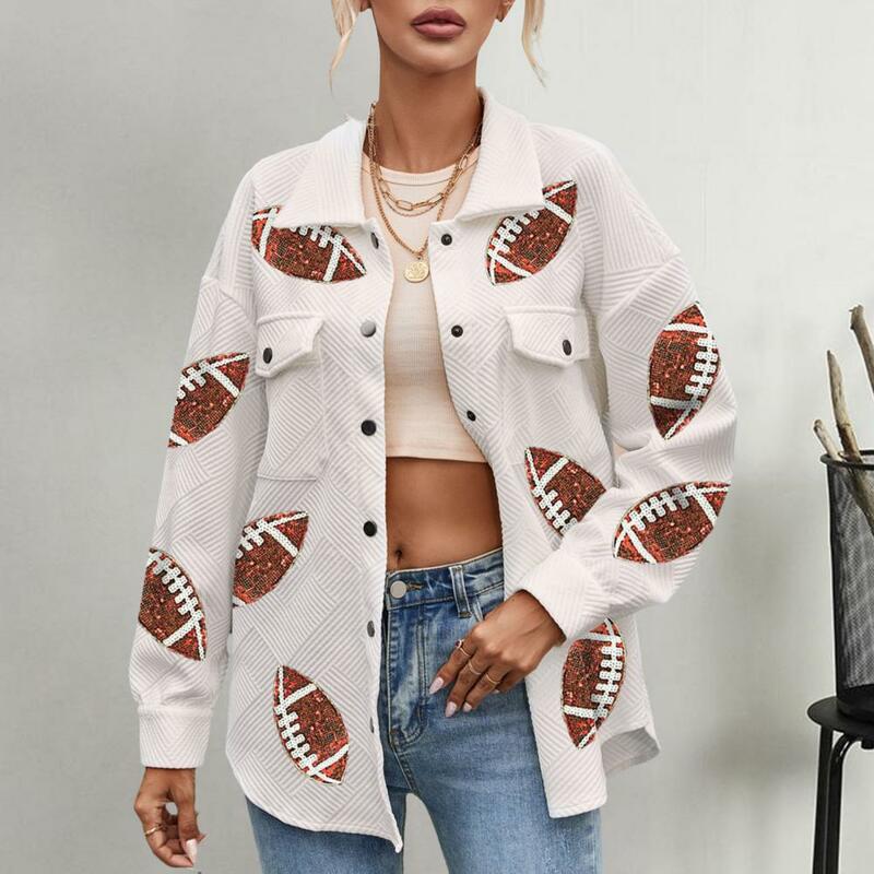 Women Jacket Sequin Rugby Ball Pattern Women's Spring Coat with Turn-down Collar Patch Pockets Mid Length Loose Long Sleeve Lady