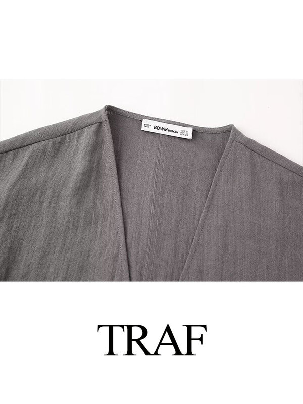 Traf 2024เซ็ต2ชิ้นเสื้อเบลาส์คอวี + เอวยางยืดสำหรับผู้หญิง, ชุด2ชิ้นเสื้อเบลาส์ผูกเชือกคอวีเสื้อเบลาส์กางเกงขาม้าลำลอง