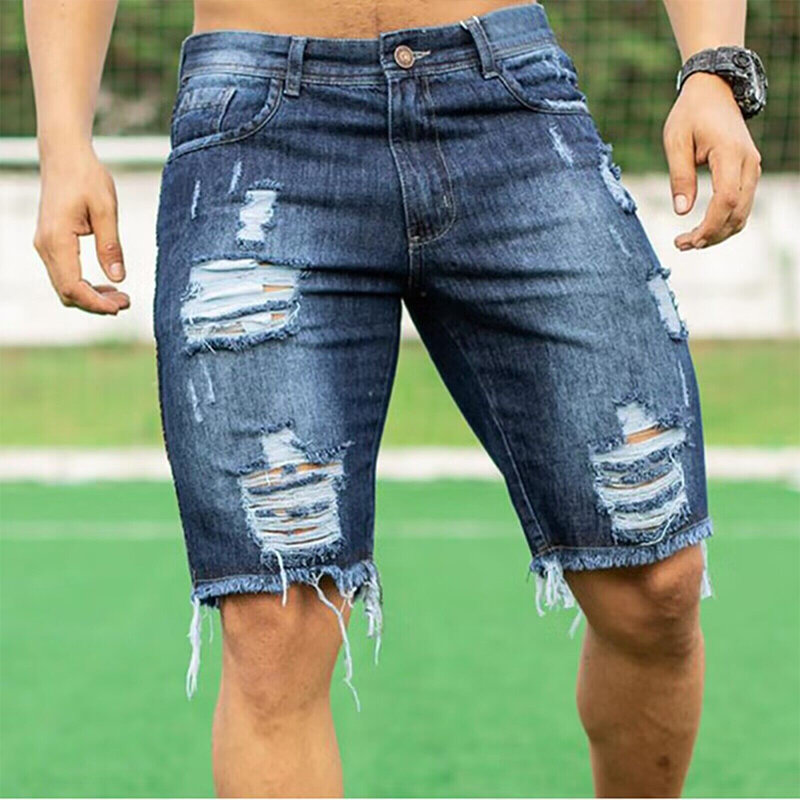 Summer Thin Ripped Denim Shorts Men's 5-point Pants Korean Style Slim Trendy 5-point Pants Men's Medium Pants Summer
