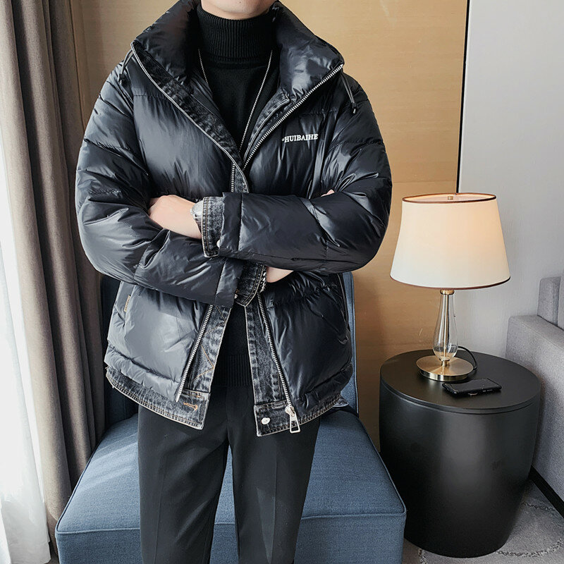Модная зимняя мужская одежда, утепленный пуховик, джинсовая комбинированная однотонная Европейская и американская простая повседневная мужская куртка с капюшоном