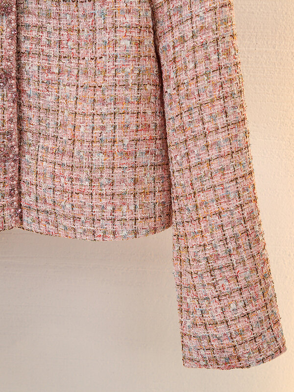 Women Pink Tweed Jacket Beaded Single Breasted O-Neck Long Sleeve Sweet Spring 2024 Coat