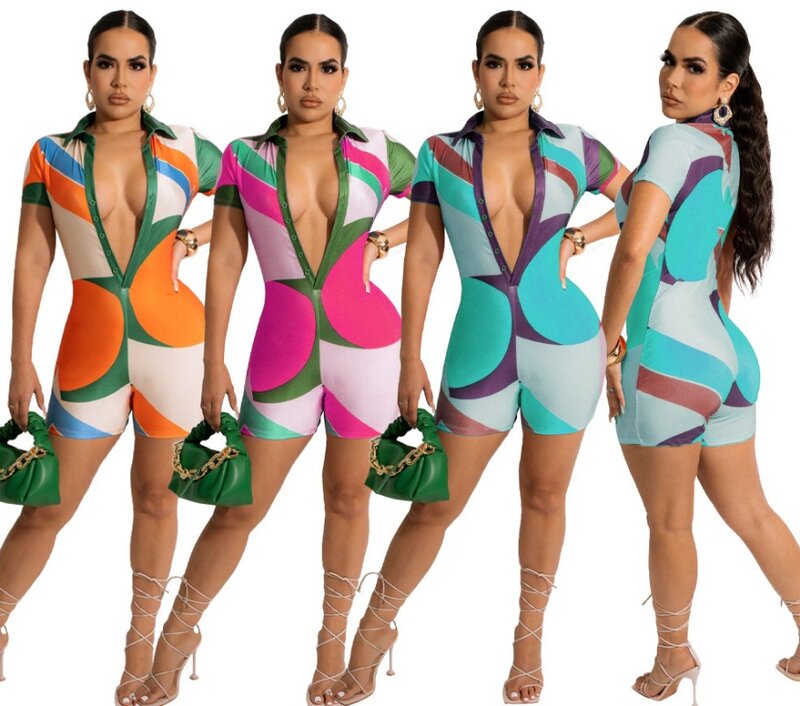 Y2K Summer Playsuit Women Sunny Sexy Bodycon V Neck Short Sleeve Patchwork Casual Knitted Romper Sexy Bodysuits House Wear 2023
