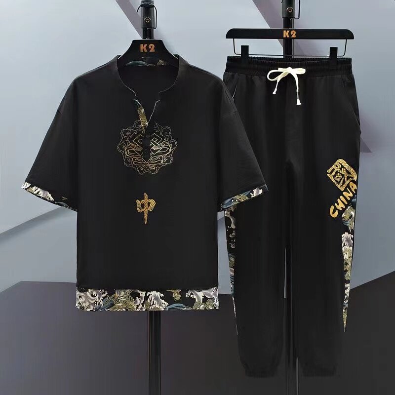 2024 Summer New Men's Chinese Tangzhuang Ice Silk Cool Loose Set Short sleeved Long Pants Casual Ethnic Style Two Piece Set