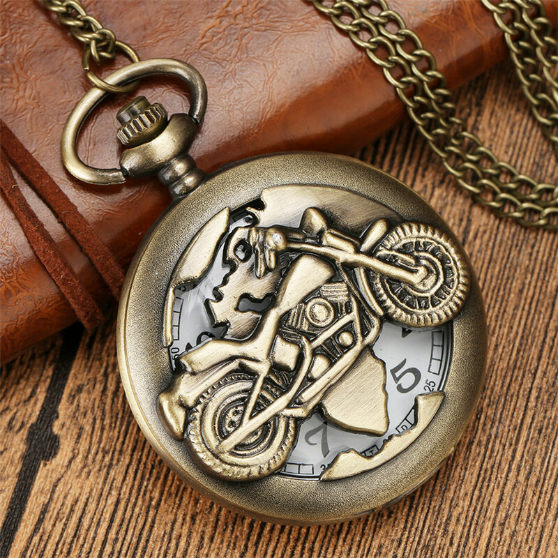 Reloj de bolsillo con patrón de motocicleta para hombre, relojes de cuarzo Retro, collar Vintage, regalo