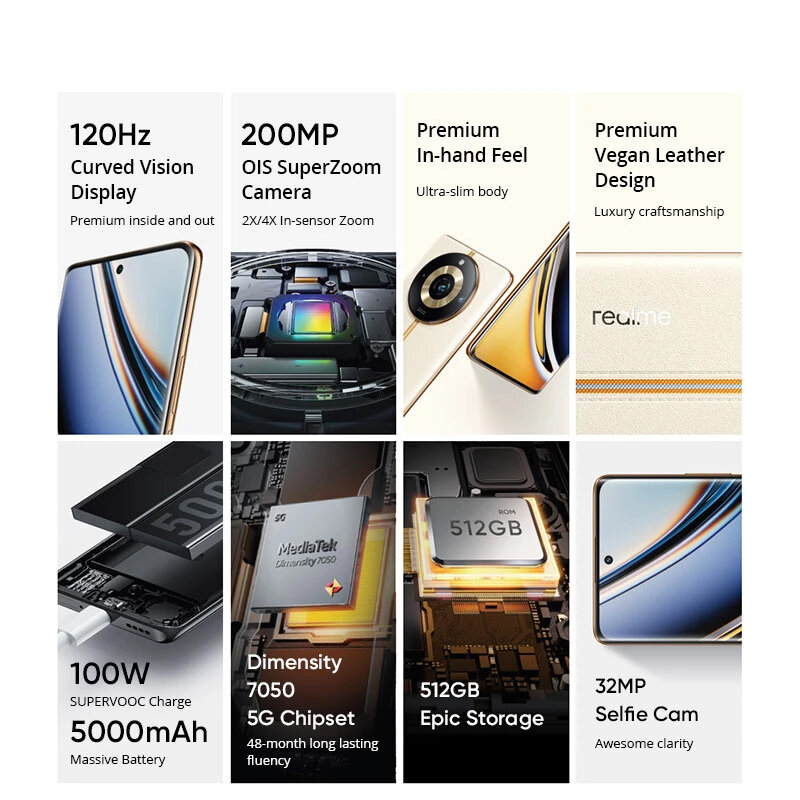 Realme-11 برو بلس 5G الهاتف الذكي ، أندرويد الهواتف المحمولة ، MTK 7050 ، 1 تيرا بايت ROM ، 12GB RAM ، 120Hz ، FHD + 200MP ، OIS ، 100W الهاتف المحمول ، ROM العالمي