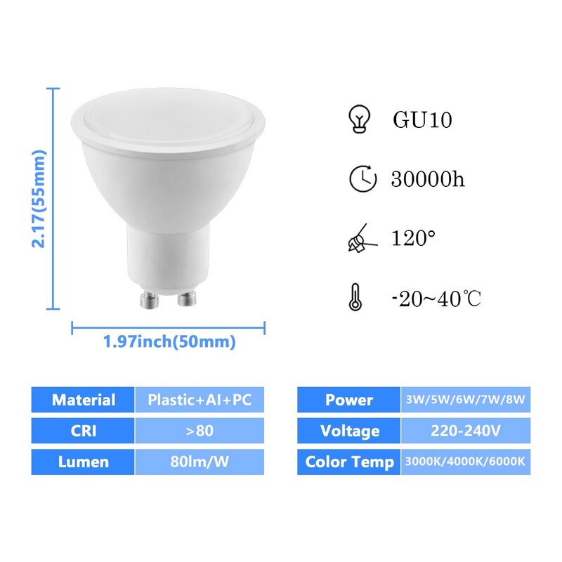 Gu10/mr16 LED電球,3W-8W,50W,100W,ハロゲンランプ交換用高効率電球