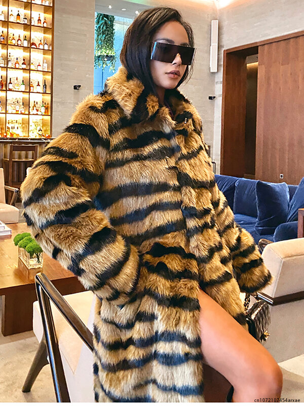 Luxury Fur Imitation Fur Coat Women Fashion Tiger Striped Casual Long Coats Winter High Street Warm Loose Straight Jackets Teddy