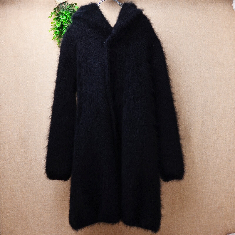 Suéter de punto de Cachemira de visón para mujer, cárdigans gruesos y pesados, mangas largas con capucha, abrigo de piel de Angora, primavera e invierno
