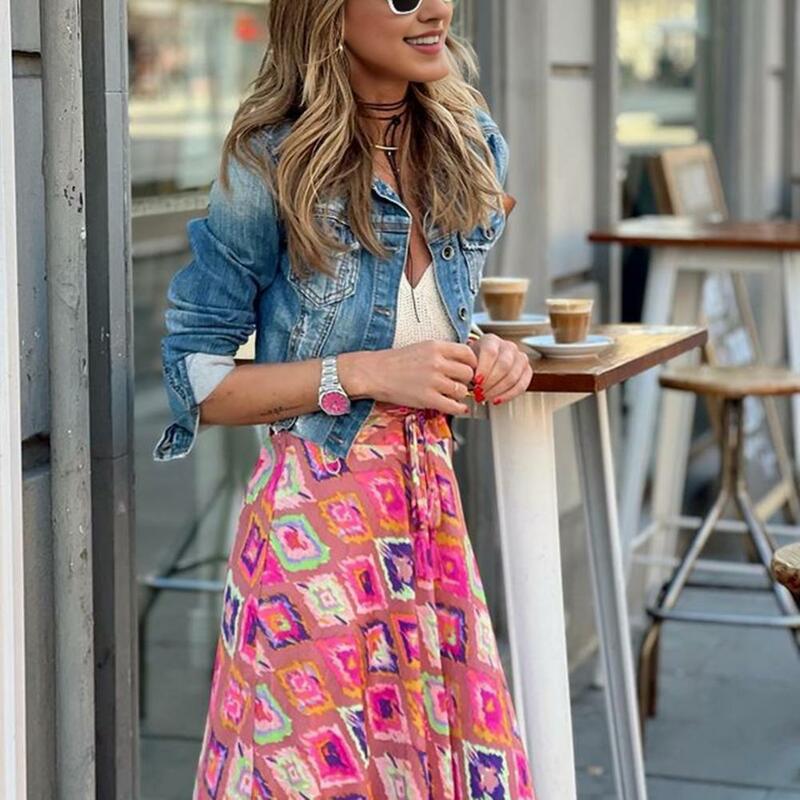 Vacation Style Skirt Bohemian Style Vacation Skirt with Colorful Print Elastic High Waist for Women A-line Big Swing Ankle